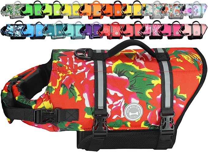 VIVAGLORY Rip Stop Dog Life Vest, Swimming Vest with Handle, Buoyancy for Doggy Puppy, Dog Life Jacket for Swimming & Boating, L, Northeast Florals-Red