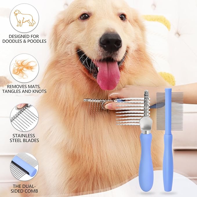 Dematting Comb for Doodles & Poodles, Dual-Sided Comb Tool for Long Curly Haired Dogs, Grooming Brush Kit for Removing Mats and Tangles, Stainless Steel, Beech Wood