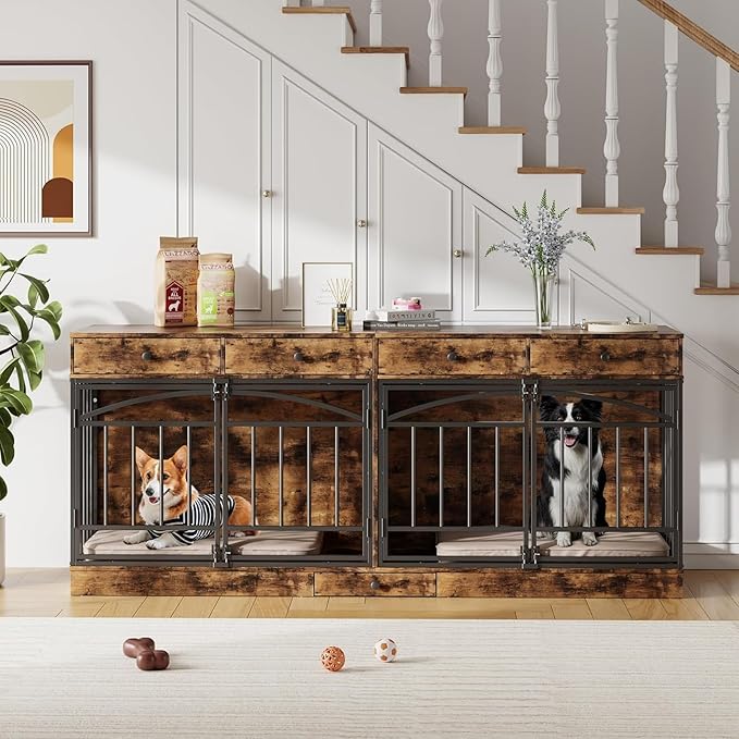 GAOMON Dog Crate Furniture for 2 Dogs, 78.7'' Large Dog Kennel Indoor with 4 Storage Drawers and Feeding Bowls, Double Dog Crate TV Stand for Small and Medium Dogs, Brown