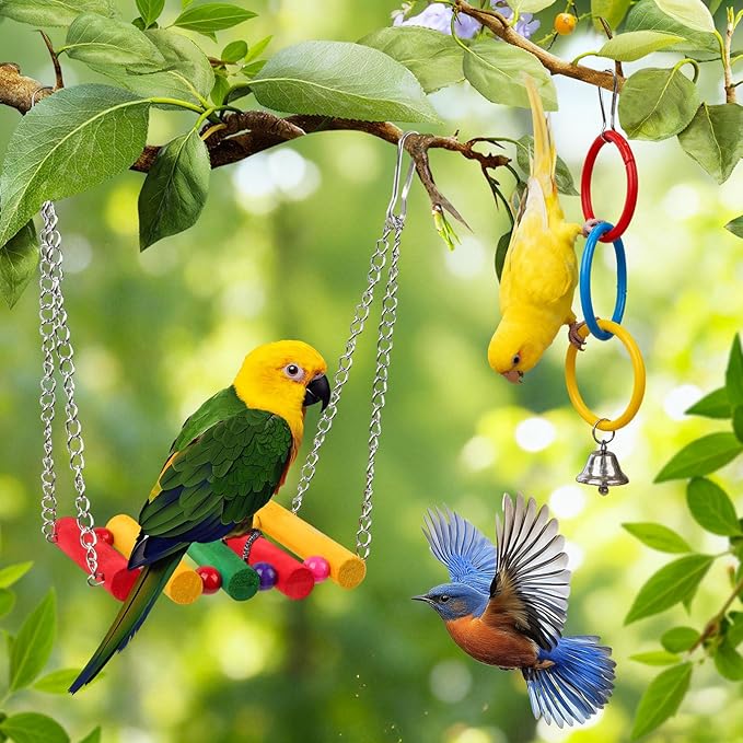 Perch Platform Bird Toys with Bird Mirror Climbing Ladder Swing,Tricolor Ring,Birds Perch Platform Bird Toys,Wooden Bird Cage Accessories,Suitable for Various Parrots and Birds