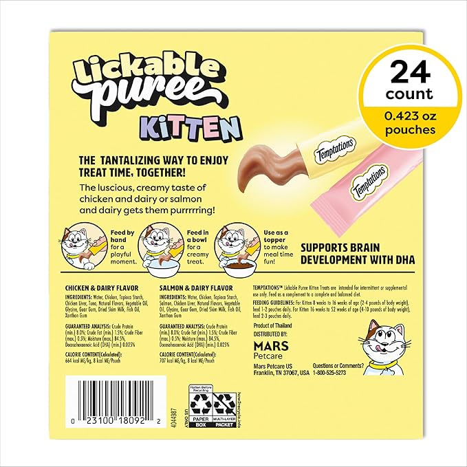 Temptations Puree Kitten Treats Lickable, Chicken and Salmon Variety Pack, 24 Pouches