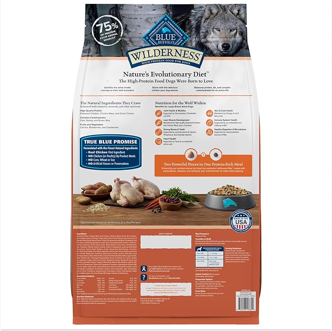 Blue Buffalo Wilderness Large Breed Natural High-Protein Adult Dry Dog Food with Wholesome Grains, Chicken, 24-lb. Bag