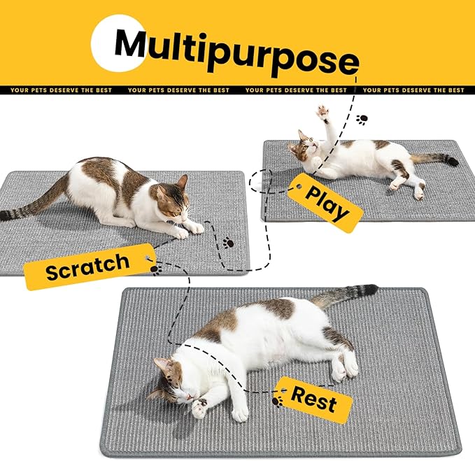 Cat Scratcher Mat,Natural Sisal Cat Scratch Pad with Hook&Loop Tape,Horizontal Floor Kitty Scratching Pads Rug for Indoor, Furniture Protector for Couch&Carpets&Sofas, Large, Grey, 2 Pack