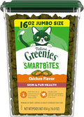 Greenies Cat Treats, Feline Smartbites, Skin & Fur Health, Crunchy and Soft Cat Treats, Chicken Flavor, 16 oz. Tub