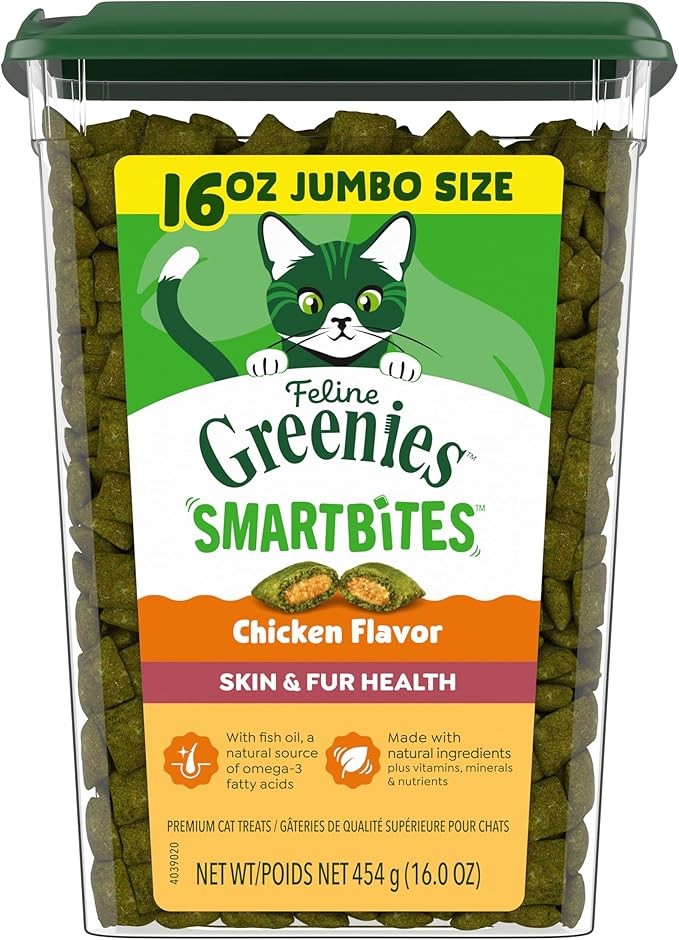 Greenies Cat Treats, Feline Smartbites, Skin & Fur Health, Crunchy and Soft Cat Treats, Chicken Flavor, 16 oz. Tub