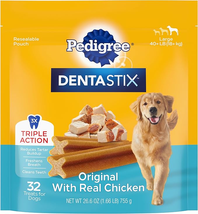 Pedigree Dentastix Large Dog Treats, Original Flavor with Real Chicken, 1.66 lb. Bag (32 Treats Total)