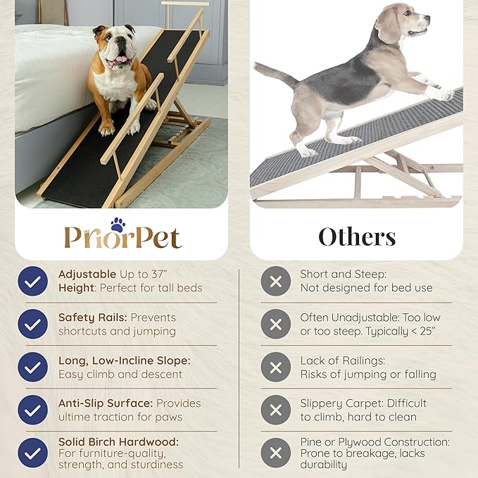 Dog ramp for Bed - PRIORPET Birchwood Adjustable Ramp for Dogs to Get on Bed: Dog ramps for High Beds up to 37 Inches – Foldable Ramp, Anti-Slip Grip & Safety Rails, Small Dogs Up to 120lbs – Natural