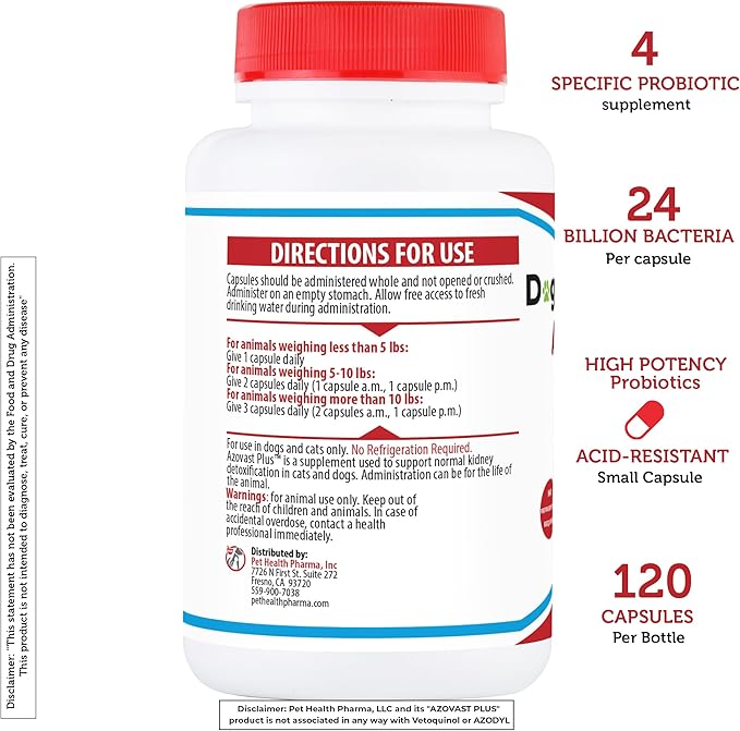 Azovast Plus Cat Kidney Support for Dogs & Cats, 120ct, 120ct - NO Refrigeration Required - Help Support Kidney Function & Manage Renal Toxins - Kidney Health Supplement Capsule(U.S.A) (120 Caps)