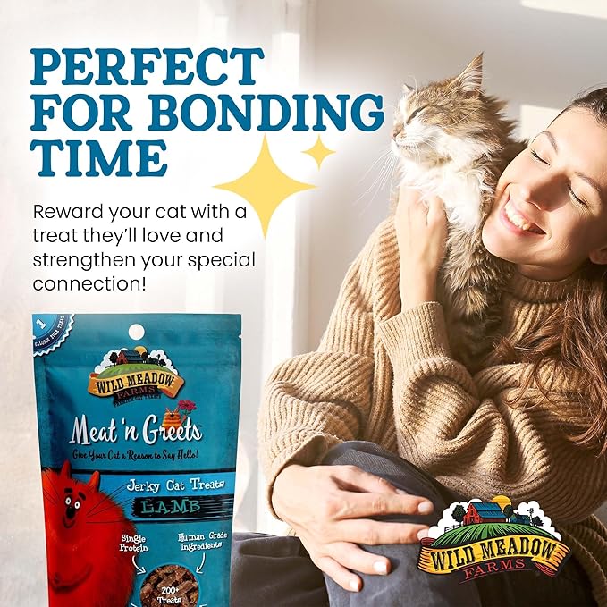 Wild Meadow Farms - Cat Treats - Meat 'N Greets - Soft Jerky Treats with Real Meat, High Protein, Grain-Free, Perfect for Training & Rewarding, All Natural Snacks for Cats - Lamb Flavor