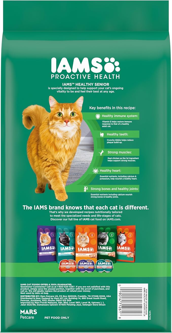 IAMS Proactive Health Senior Dry Cat Food, Cat Food Dry Chicken Recipe, Real Chicken in Every Bite, 3.5 Lb. Bag