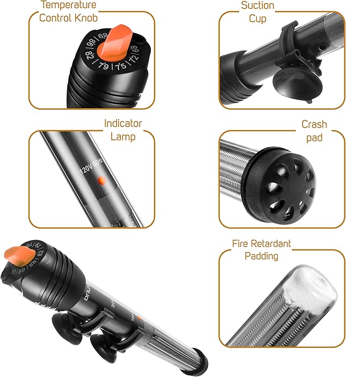 Orlushy Submersible Aquarium Heater,100W Adjustable Fish Tahk Heater with 2 Suction Cups Free Thermometer Suitable for Marine Saltwater and Freshwater