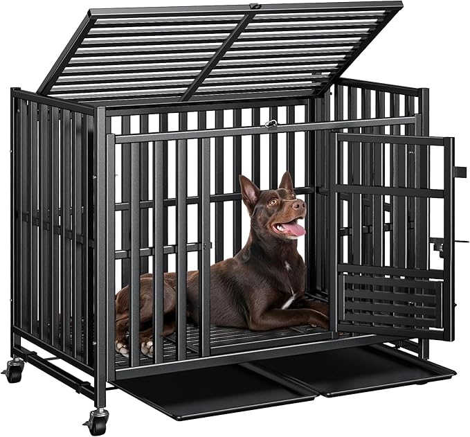 Heavy Duty Dog Crate, Reinforced Thickened Steel Frame Indestructible Kennel for Large & High Anxiety Dogs, Escape Proof Design with 3 Doors, 4 Lockable Wheels and 2 Removable Trays (42inch)