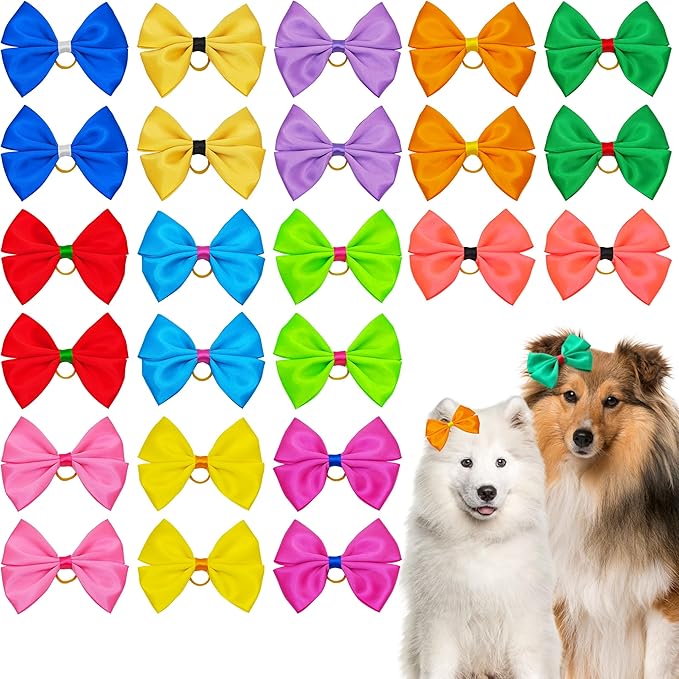 24PCS Big Dog Hair Bows for Large Dog Long Hair Solid Color Pink Bule Red Purple Yellow Green Orange Rose Girl Boy Bowknot Topknot Grooming Hair Accessories