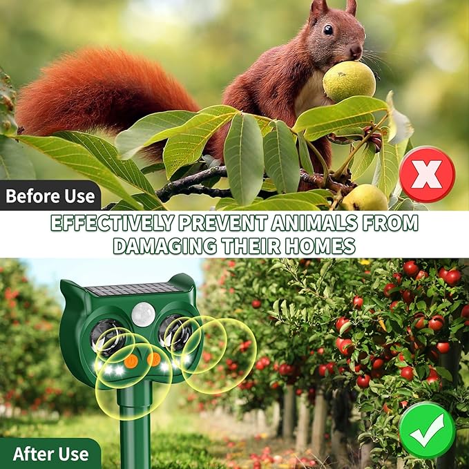 2 Pack 2026 Upgraded Solar Ultrasonic Animal Repellent Outdoor – Motion Activated Deer, Squirrel, Cat, Raccoon, Dog & Bird Deterrent with Multi-Frequency LED Strobe & Ultrasonic Sweep for Yard Garden