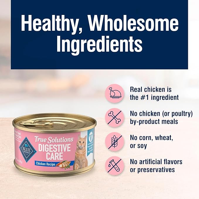 Blue Buffalo True Solutions Digestive Care Wet Cat Food for Adult Cats, Made with Natural Ingredients, Chicken, 3-oz. Cans (24 Count)