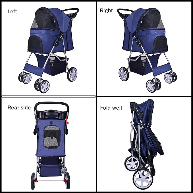 Elevon Pet Stroller, 4 Wheels Multifunction Dog Cat Stroller, Folding Portable Travel Stroller with Detachable Carrier, Suitable for Medium Small Dogs Cats, Blue