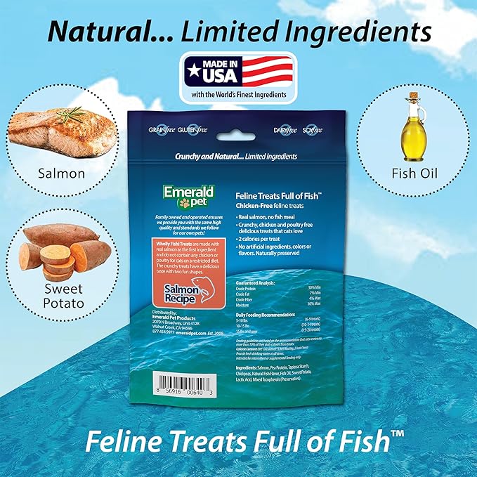 Emerald Pet Wholly Fish! Chicken-Free Feline Treats, Salmon Recipe — Tasty and Crunchy Salmon Cat Treats — Chicken-Free, Grain Free, Natural Cat Treats — Made in USA, 3 oz