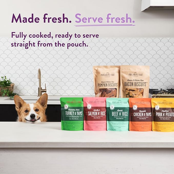 Portland Pet Food Company Fresh Dog Food Pouches - Human-Grade Toppers Wet Pet Meal & Mixers - Gluten-Free Limited Ingredient Winnie's Lamb N' Rice - Large & Small Breed Puppy & Senior Dogs - 8 Pack