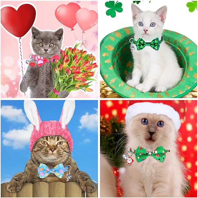 Kacctyen 18 Pcs St. Patrick's Day Cat Collars Bulk Holiday Cat Collars with Bow Tie 4th of July Patriotic Decoration Kitty Breakaway Adjustable Pet Kitten Bowtie Decor(Small)