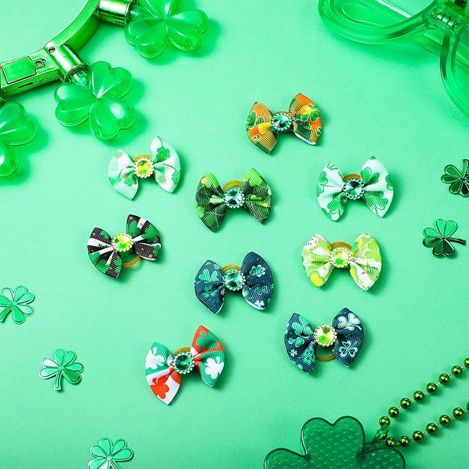 Tondiamo 100 Pack St. Patrick's Day Dog Hair Bows with Rubber Bands St. Patrick's Day Puppy Bows Rhinestone Pet Hair Accessories Dog Bows Grooming for Small Girl Dogs (Shamrock Pattern)