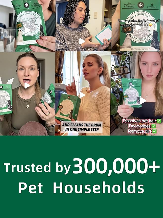 Pet Hair Dissolver for Washing Machine - Dog & Cat Hair Remover, 96.7% Hair Dissolution, Stain/Hair Remover for Laundry, 2 Sachets, HE/Top/Front-Load Compatible, Removes Residue & Odors, Septic Safe