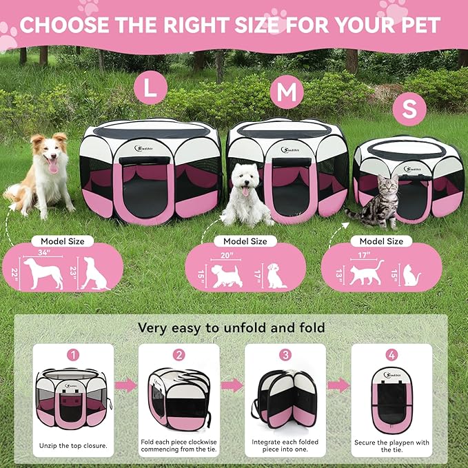 Pink Puppy Playpen for Large Dog Cat, Dog Tent Crates Cage Indoor/Outdoor, Portable Pop Up Dog Kennel with Carrying Bag for Rabbits, (Pink, Large)