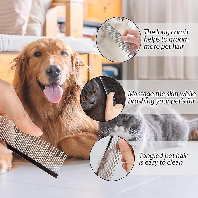 Professional Pet Steel Comb, Stainless Steel Dematting Com for Dogs and Cats, Long and Short Teeth for Removing Mats, Tangles, Knots