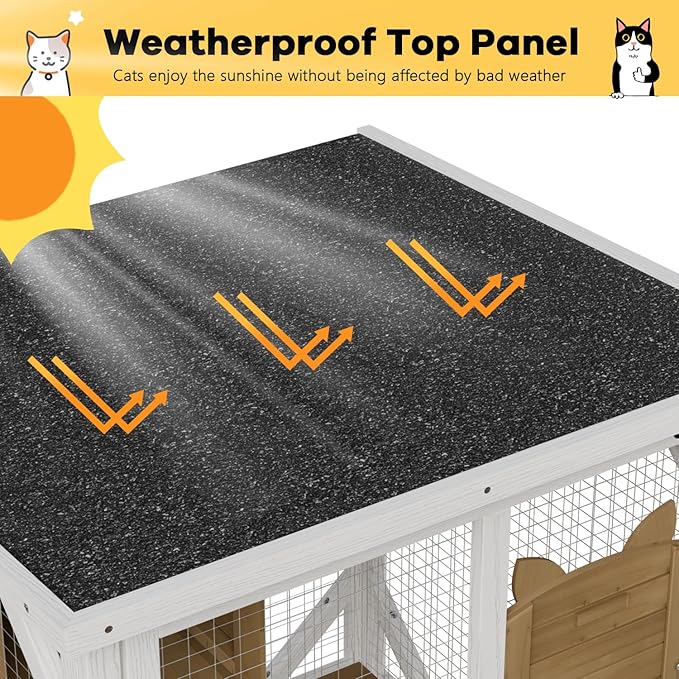 OFIKA Cat House Catio Outdoor Enclosure with Waterproof Roof,71'' cat House & Condos on Wheels for Outdoor Patio,Cat Window Box,Scratching Post（White）