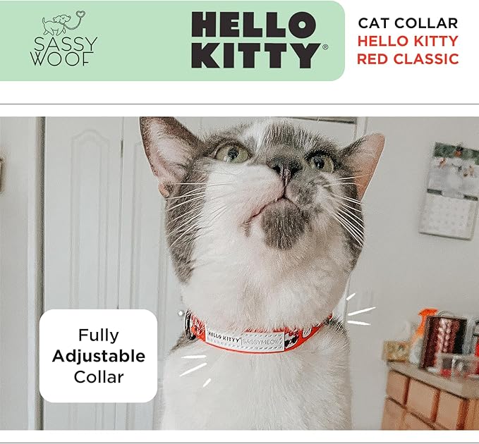 Sassy Woof Cat Collar Hello Kitty® Red Classic - M, Adjustable, Durable, Comfortable, Patented Design and Stylish Pet Accessories for Medium Cats