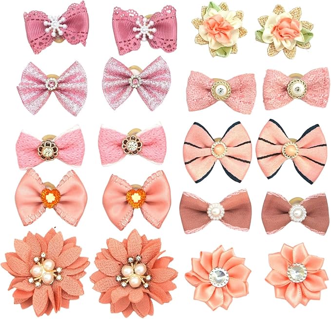 Dog Hair Bows, 20 Pack Pink Decorative Pet Accessories with Rhinestones and Pearls, Floral and Bowknot Designs