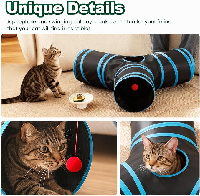 Love’s Cabin Cat Tunnel for Indoor Cats, 3-Way Collapsible Play Tunnel with Teaser Wand, Peek Holes & Toy Ball, Small Pet Toy for Kittens & Rabbits, Black & Blue, Medium Size