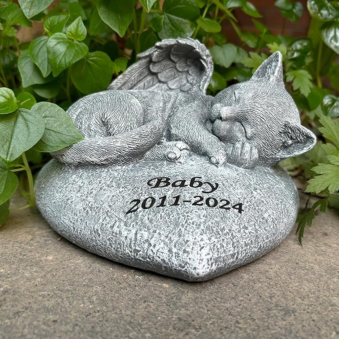 Custom Angel Cat Memorial Grave Marker Tribute Statue,Personalized Pet Cat Headstone Memorial Gift Garden Stone, Engraved with Name and Date,Gift for Sweet Kitty