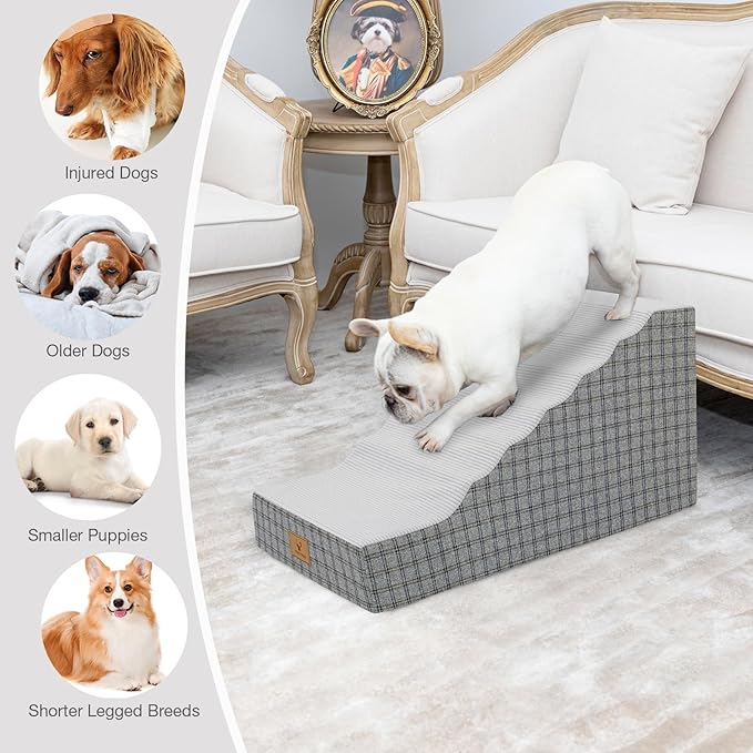 Pets Ramp for High Beds, Small Dogs & Senior Cats - Non-Slip Texture & Machine Washable Cover - Supportive Foam for Joint Comfort, Easy Climb for Couch, Sofa, Furniture (Grey)