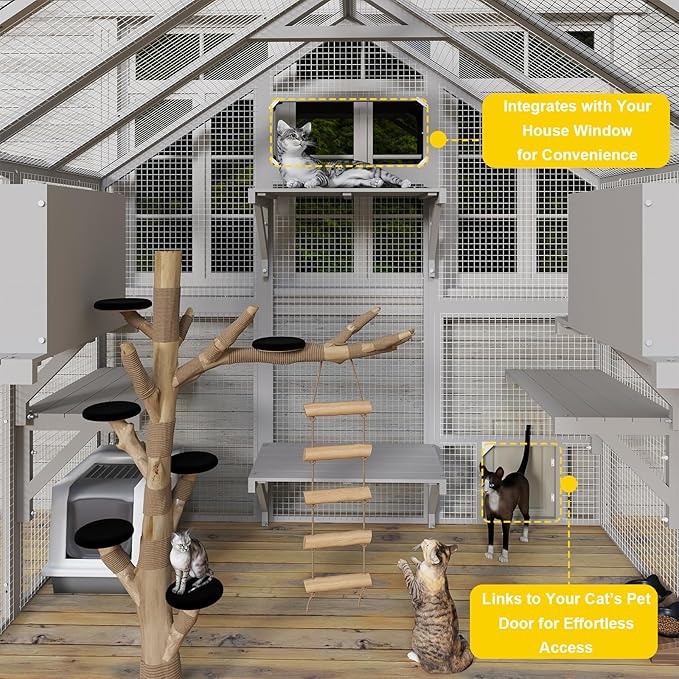 PetsCosset 71" H Catio Outdoor Cat Enclosure for Multiple Cats Large Wooden Walk in Cats House Outside Weatherproof Roof,Attached to House's Window,Cat's Door and Tunnel
