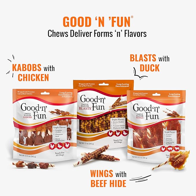Good ‘n’ Fun Triple Flavor Wings Chews for All Dogs, 4 Ounces, Treat Your Dog to Long-Lasting Chews Made with Chicken, Pork Hide and Beef Hide