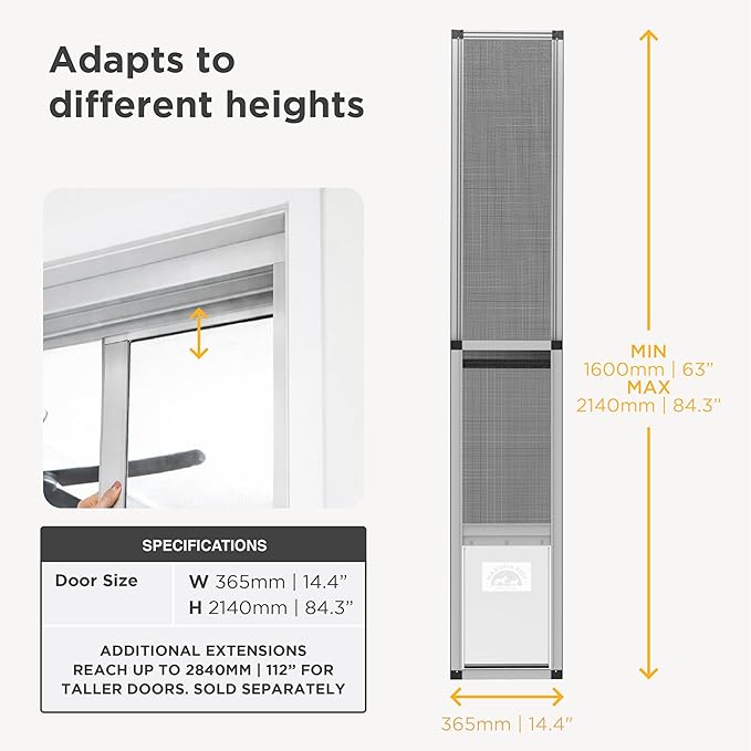 Hakuna Pets V2 Patio Pet Door Screen Insert Panel for Sliding Doors, Fits Door Track Min Ht 62.99" to Max Ht 84.25",UV Resistant Mesh, Locking Magnetic Dog Door, Easy Install and Removal,Large,Silver