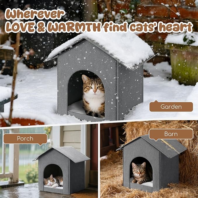 Outdoor Cat House Weatherproof, Insulated Cat Dog Houses for Outdoor/Indoor Cats for Winter, Waterproof Feral Stray Cat Shelter with Warm Cushion for All Seasons, Easy to Assemble, Grey