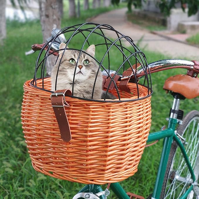 Wicker Bike Basket for Small Dogs Cats Pet Carrier Front Basket with Wire Mesh Cover (Honey Color)