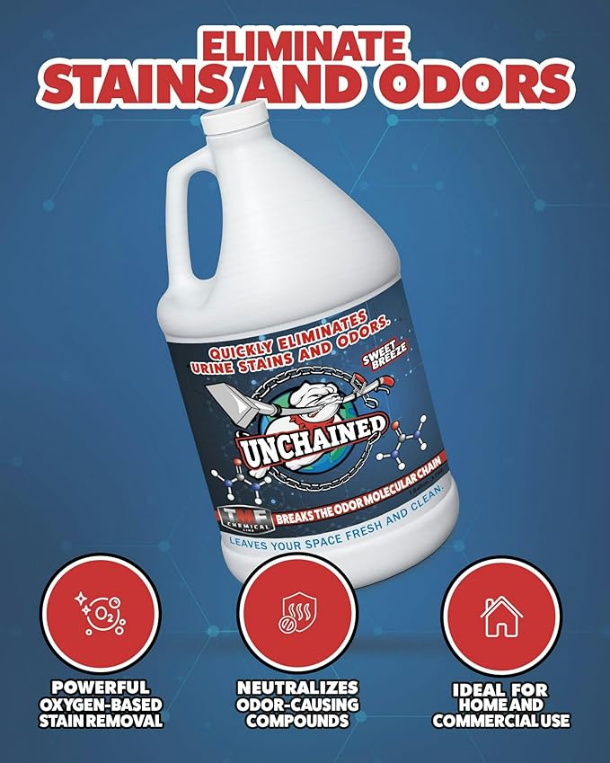 Unchained Urine Stain & Odor Remover – Cleaner for Dog & Cat, Pet Odor Eliminator on Carpet & Furniture, Industrial Strength Urine & Feces Neutralizer, Sweet Breeze – 1Gallon