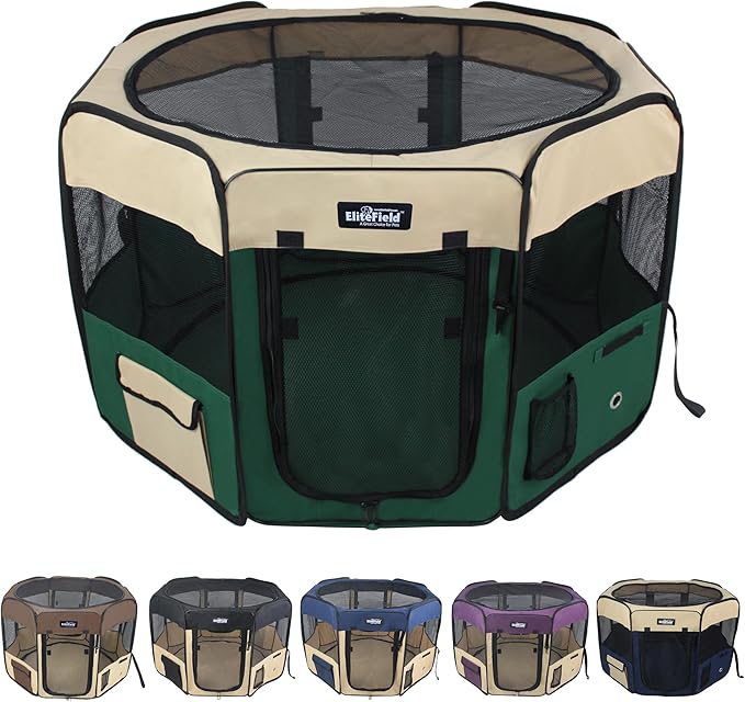 EliteField 2-Door Soft Pet Playpen (2 Year Warranty), Exercise Pen, Multiple Sizes and Colors Available for Dogs, Cats and Other Pets (62" x 62" x 30"H, Beige+Green)