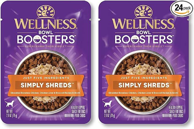 Wellness Bowl Boosters Simply Shreds Wet Dog Food Topper for Small,Medium,& Large Breeds,Grain Free,Natural,Chicken Liver & Broccoli,2.8 Ounce Pouch,(Pack of 24)