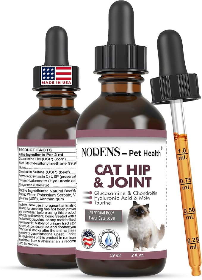 NODENS Cat Hip and Joint Liquid Glucosamine for Cats with Chondroitin – 100% Natural Cat Joint Supplement for Senior Cats Pain Relief Anti-inflammatory for Improved Joint Flexibility & Mobility 2oz