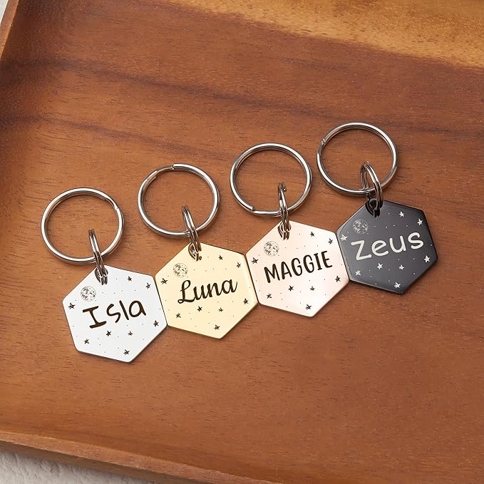 Anavia Small Size Dog Cat ID Tags, Small/XS Personalized Color Plated Stainless Steel Puppy Kitten Name Tags, Customized Engraved Nameplate Pet Collar Tag (Silver, Hexagon)