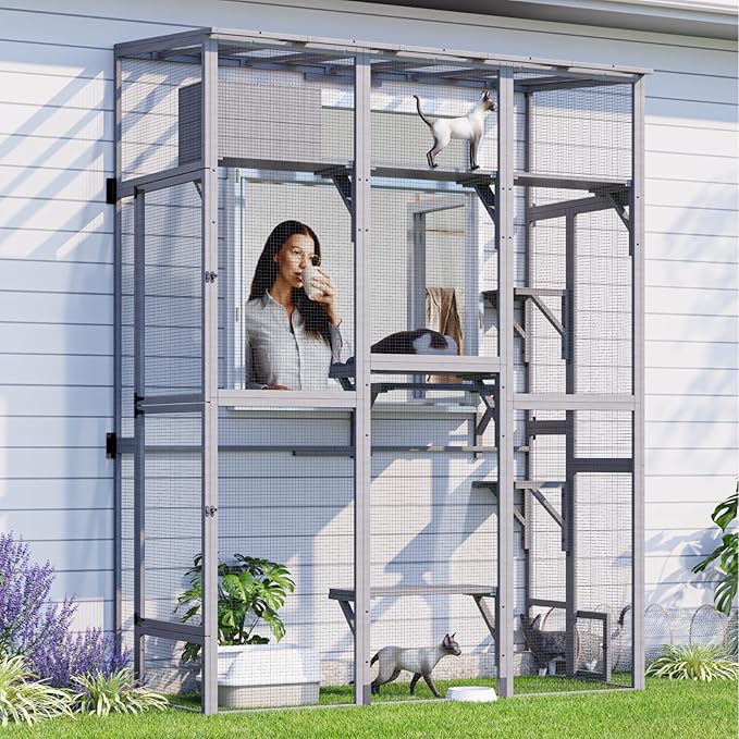 Cat Catio, Large Catio Outdoor Cat Enclosure, Window Enclosure with Waterproof Roof, Multi-Level Platforms, Cozy Sleeping Box & Fun Bridges, Spacious Outdoor Cage for Multiple Indoor Cats,100"