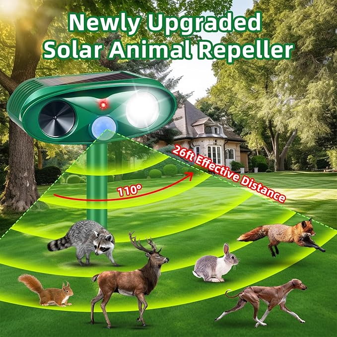 2026 Solar Ultrasonic Animal Repellent Outdoor Motion Activated Cat Deer Repellent IP65 Waterproof Squirrel Raccoon Fortress Pro Skunk Rabbit Dog Bird Deterrents Animal Repeller for Garden Yard,2 Pack