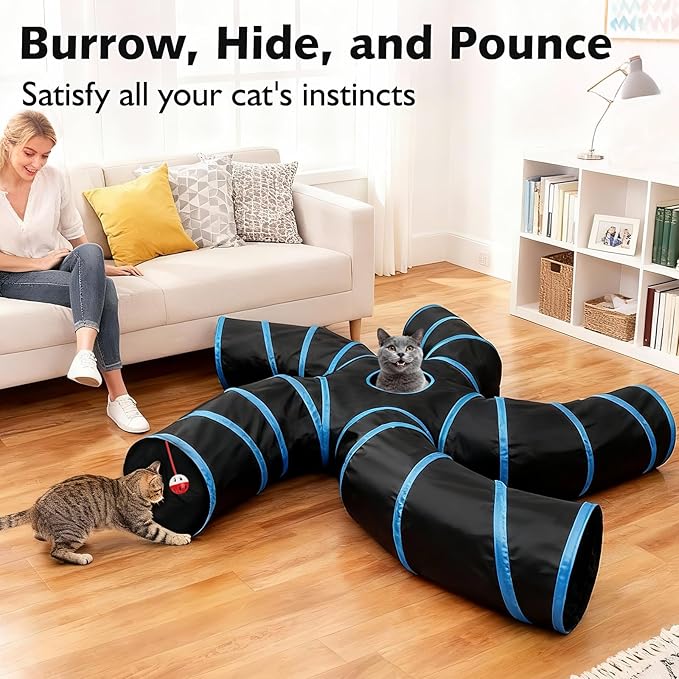 Joytale 5-Way Cat Tunnels for Indoor Cats, Pet Tube Toy with Bell Ball and Toy Mouse, S-Shape Collapsible Tunnel with Interactive Hole for Kitty, Kitten, Rabbit, Puppy (Blue&Black)