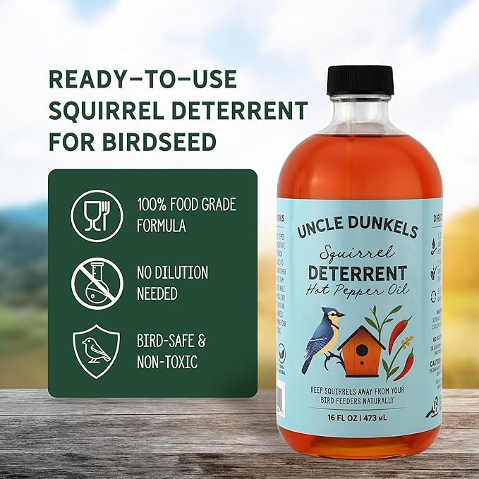 Spicy Hot Pepper Squirrel Deterrent (16 fl Oz) – All-Natural, Food-Grade Hot Pepper Bird Seed Coating, Repels Squirrels, Safe for Birds, Made in USA