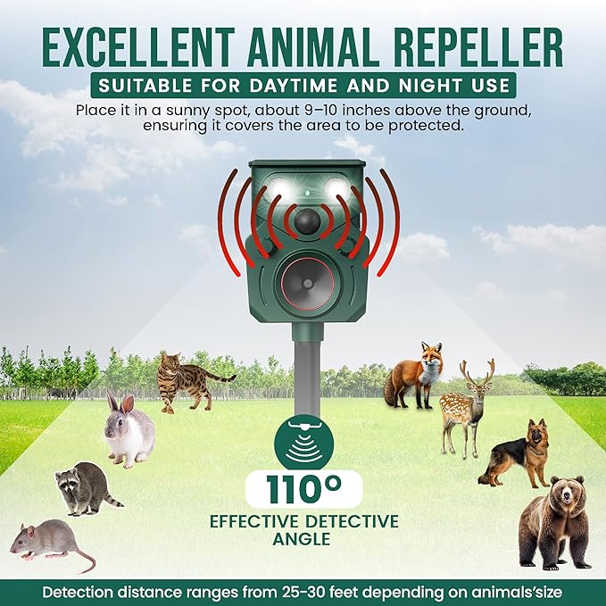 2026 New Solar Ultrasonic Animal Repellent for Yard IP65, Animal Repeller, Ultrasonic Cat Repellent Outdoor Motion Sensor, Motion Sensor & Flashing Light, Repel Dogs, Deer Repellent, Raccoon (2 Pack)