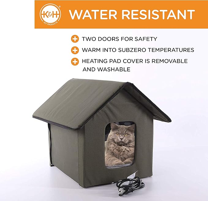 K&H Pet Products Heated Outdoor Cat House for Outside Pets in Winter, Weatherproof Outdoor House for Ferals, Insulated Kitty Shelter, 2 Doors, Waterproof Heated Cat Bed, Safety Listed - Log Cabin 20W