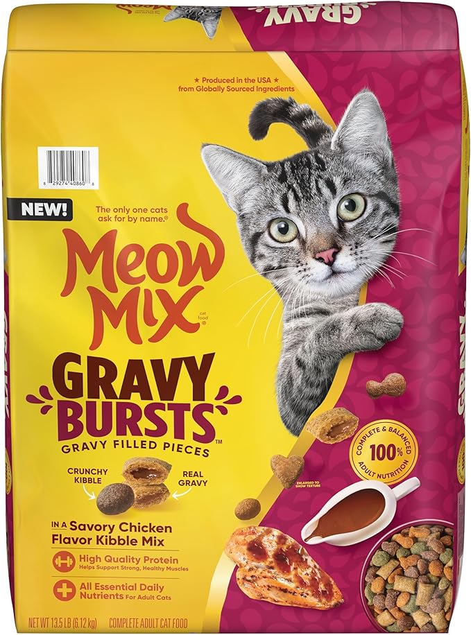 Meow Mix Gravy Bursts Savory Chicken Flavor Mix with Gravy Filled Pieces, Dry Cat Food, 13.5 Pound Bag